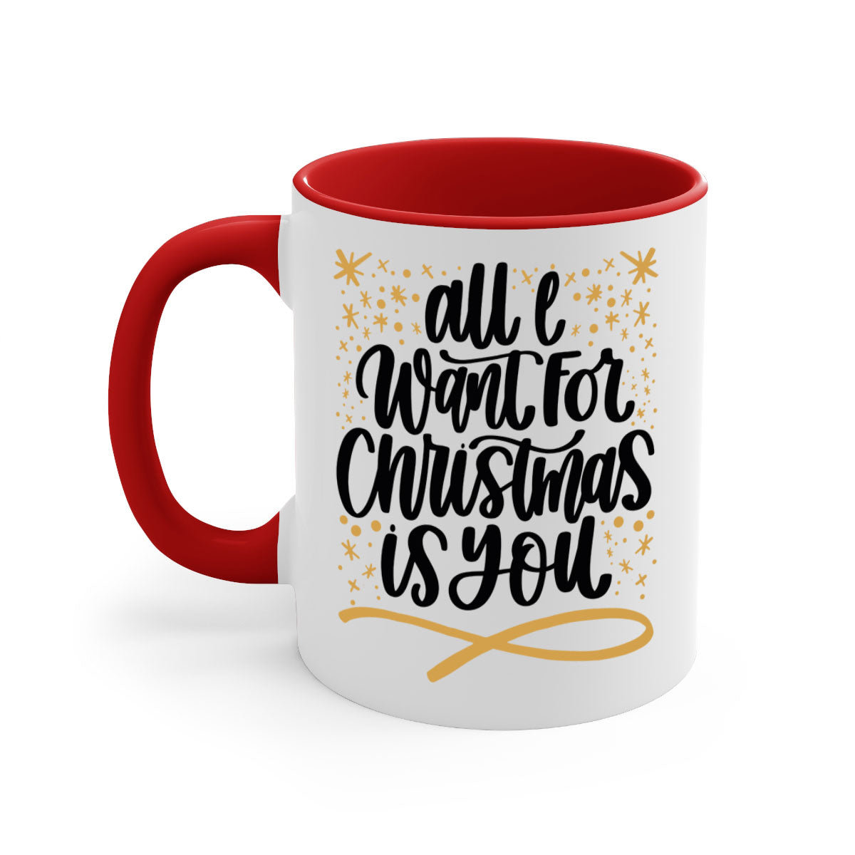 All I Want for Christmas Is You Gold Mug with a glossy finish and colorful handle, perfect for holiday beverages.