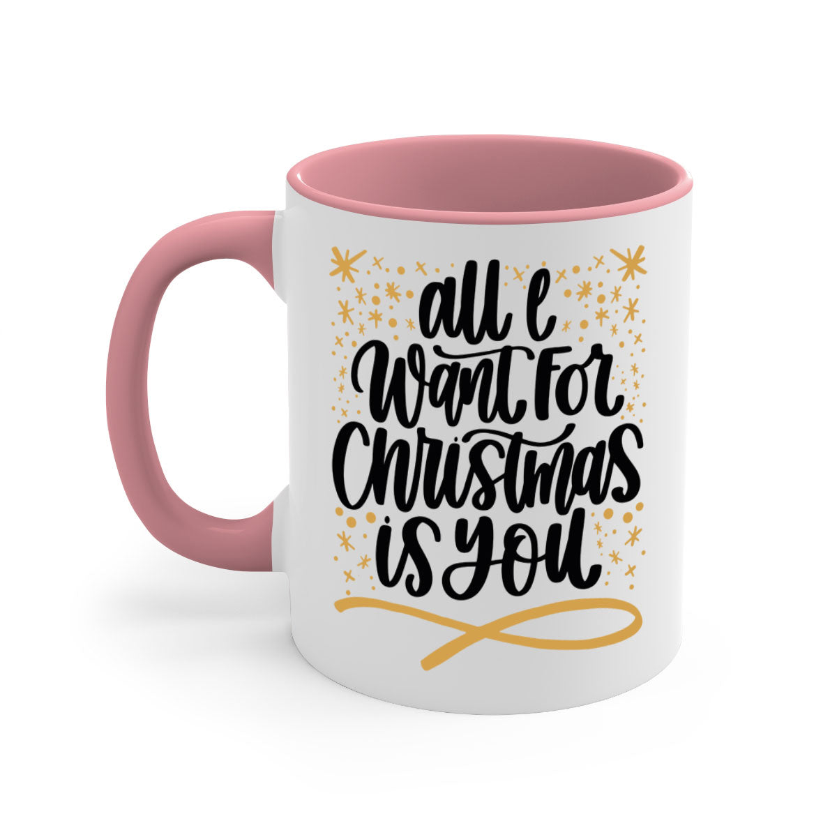 All I Want for Christmas Is You Gold Mug with a glossy finish and colorful handle, perfect for holiday beverages.