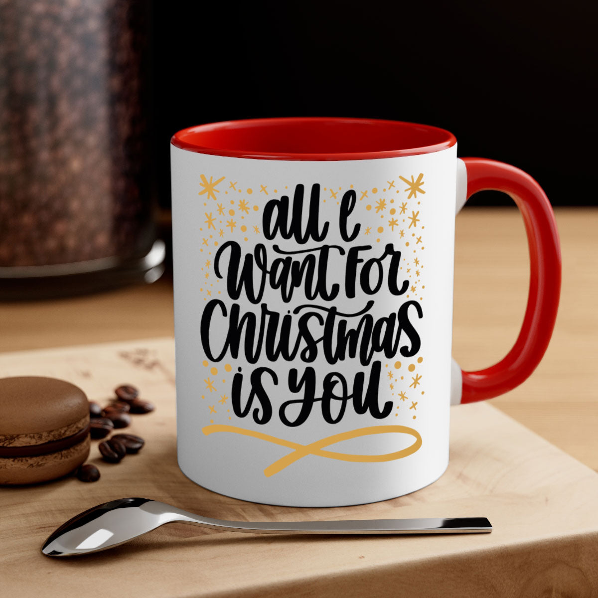 All I Want for Christmas Is You Gold Mug with a glossy finish and colorful handle, perfect for holiday beverages.