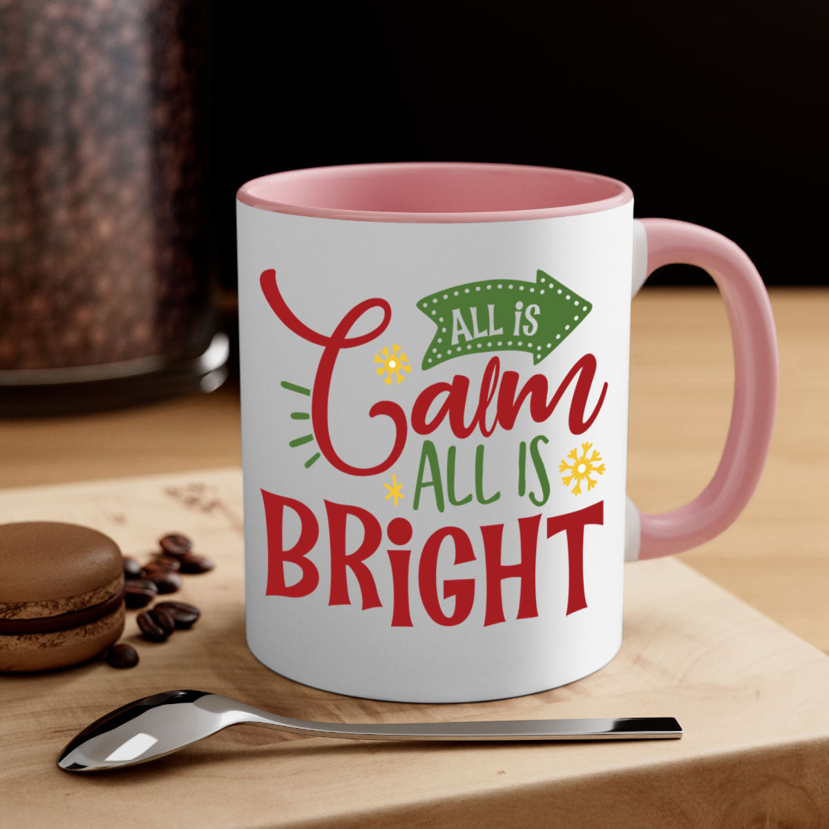 All is Calm All is Bright Christmas Mug with colored handle and glossy finish, available in multiple colors.
