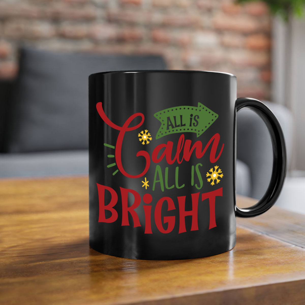 All is Calm All is Bright Christmas Mug with colored handle and glossy finish, available in multiple colors.