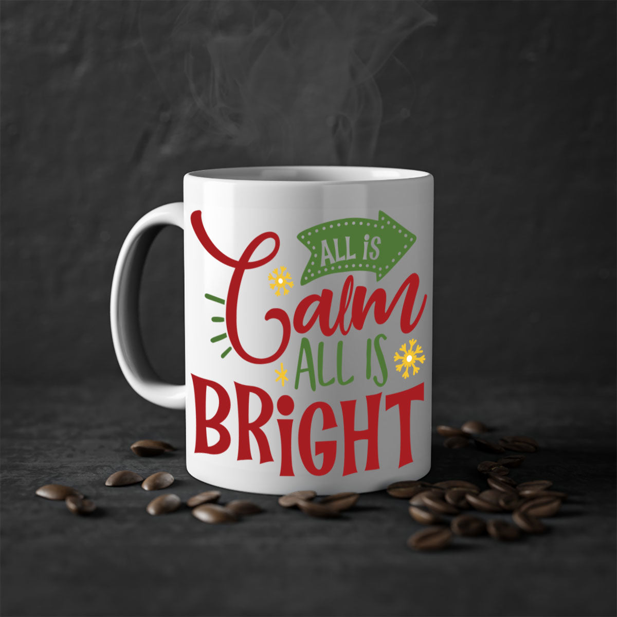 All is Calm All is Bright Christmas Mug with colored handle and glossy finish, available in multiple colors.