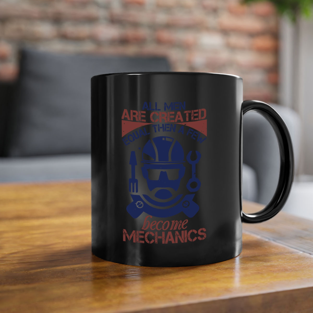 A stylish two-tone coffee mug featuring the phrase 'All Men Are Created Equal Than A Few Become Mechanics' with a glossy finish and colored handle.