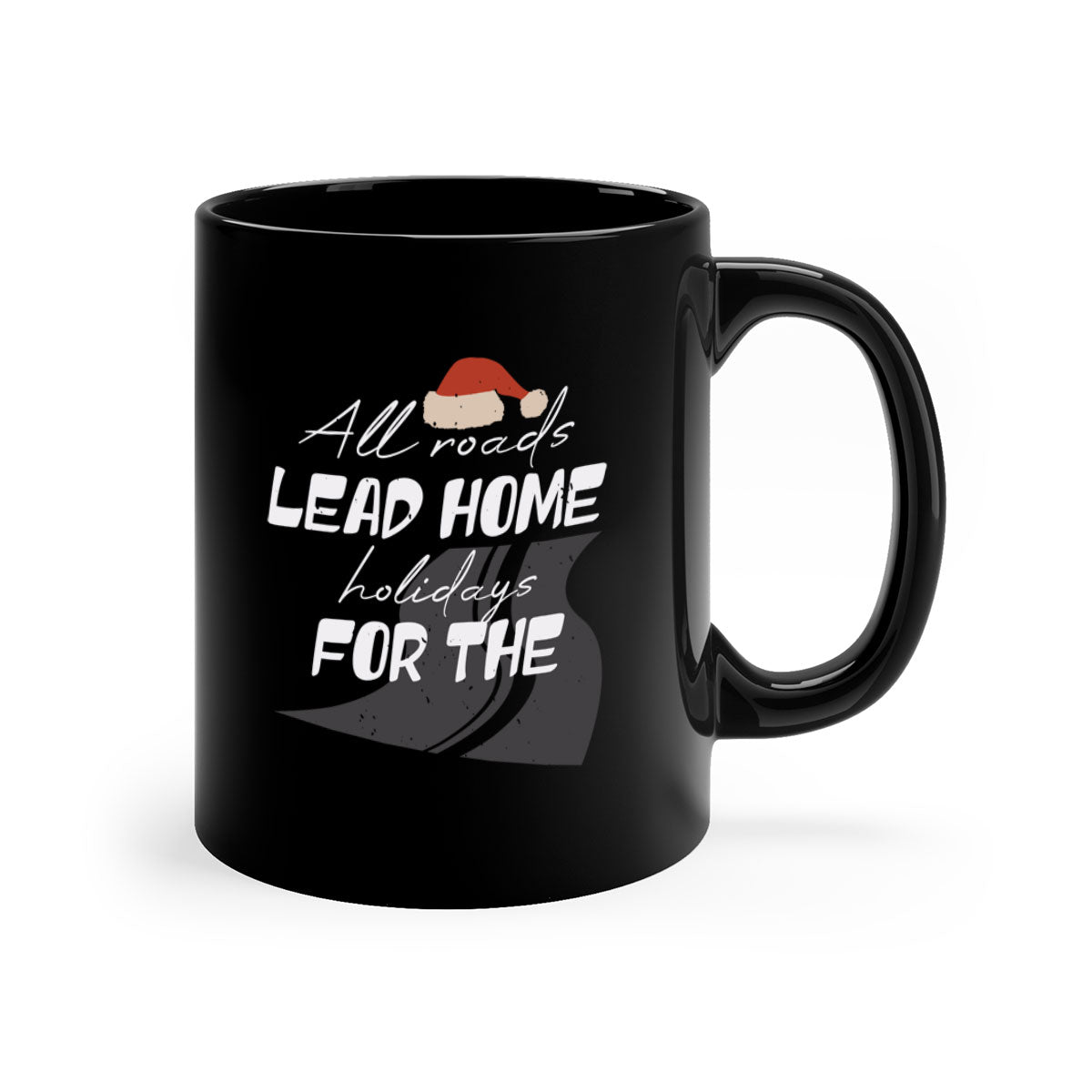 A festive two-tone ceramic mug with a glossy finish, featuring the phrase 'All Roads Lead Home for the Holidays' and available in multiple colors.