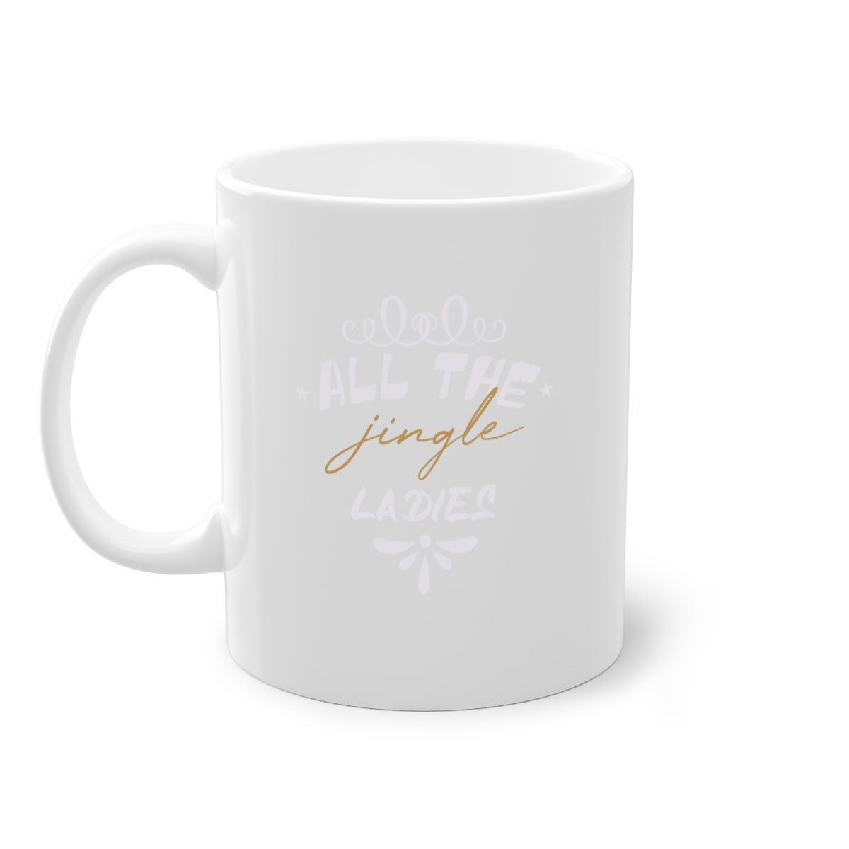 All the Jingle Ladies Christmas Mug with colorful handle and glossy finish, available in multiple colors and sizes.