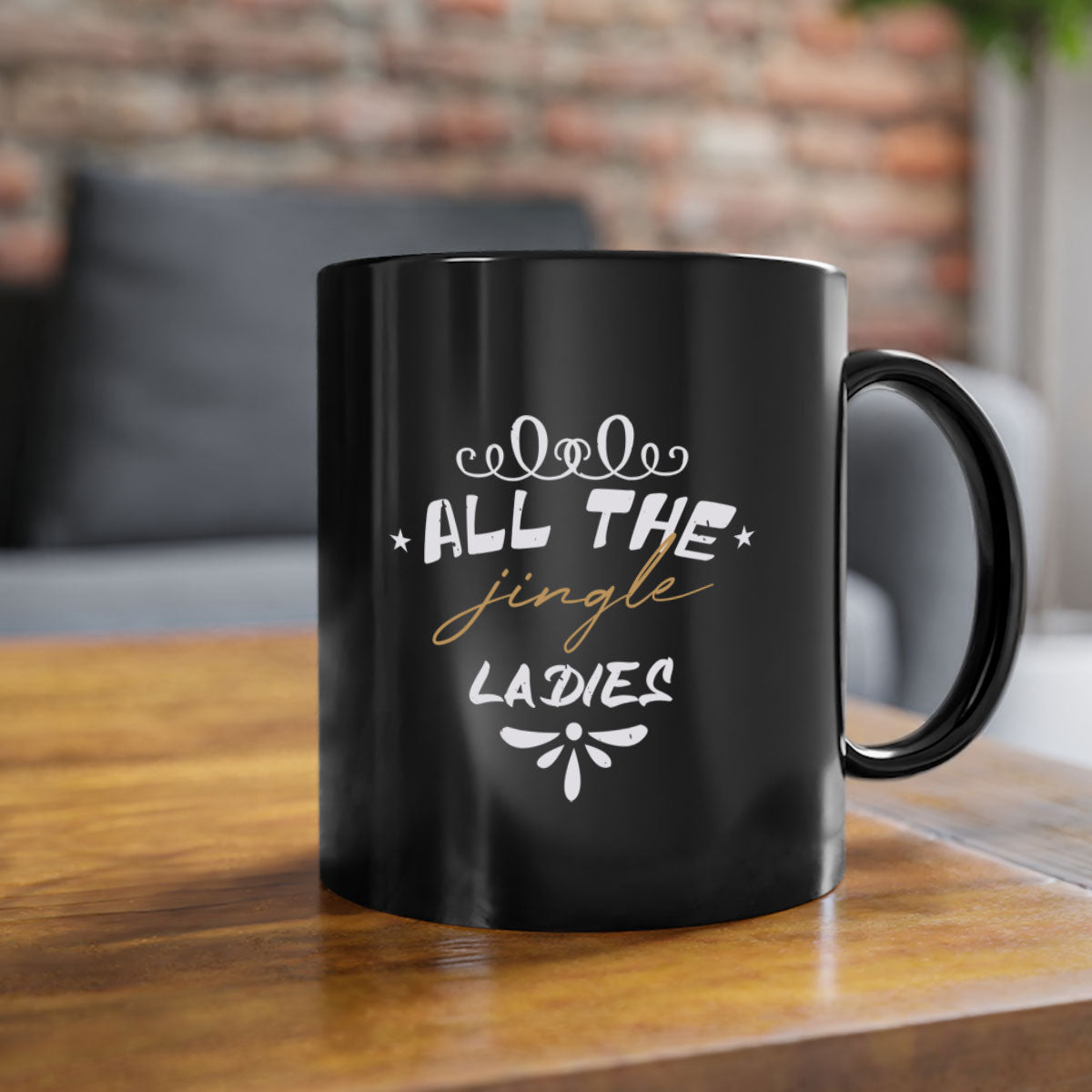 All the Jingle Ladies Christmas Mug with colorful handle and glossy finish, available in multiple colors and sizes.