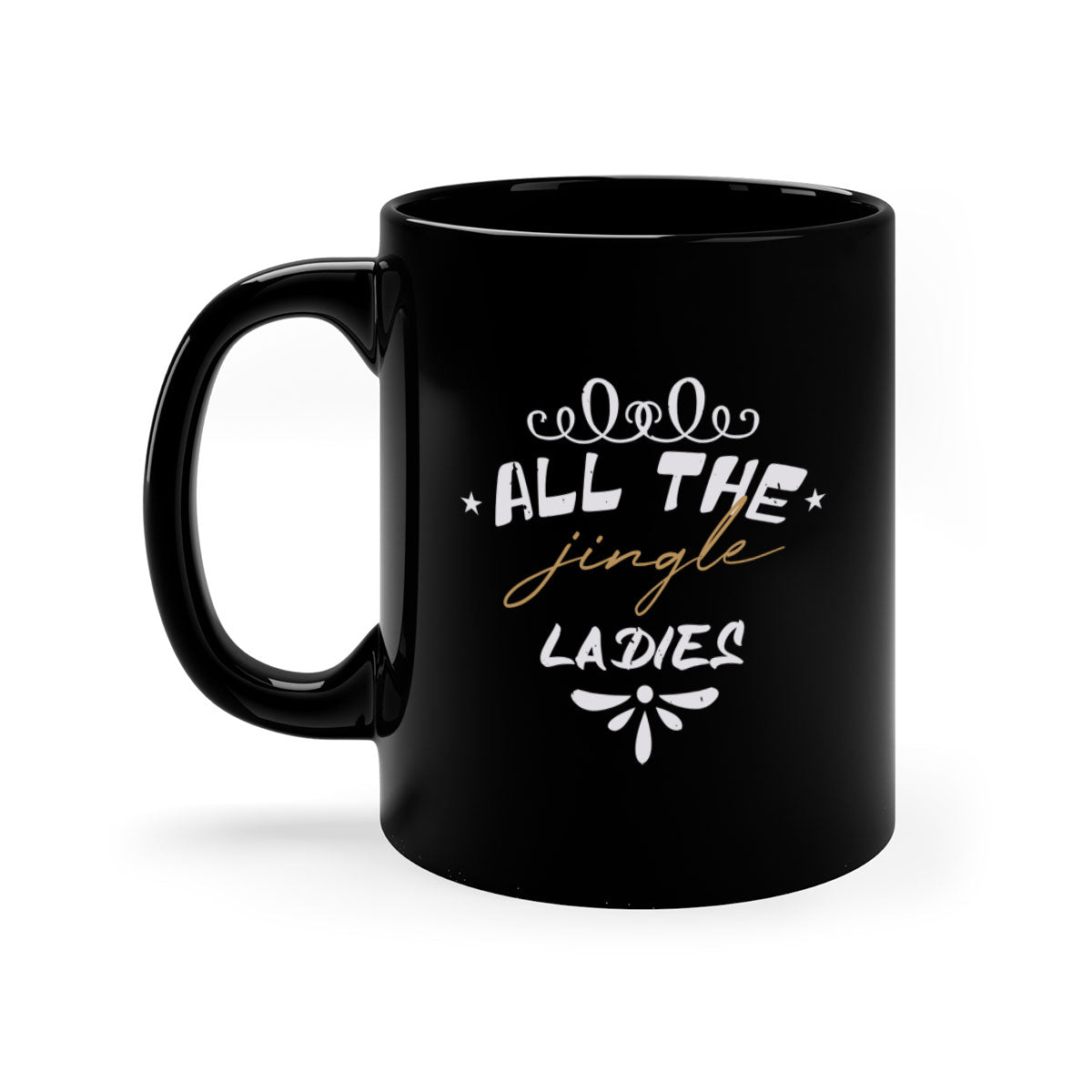 All the Jingle Ladies Christmas Mug with colorful handle and glossy finish, available in multiple colors and sizes.