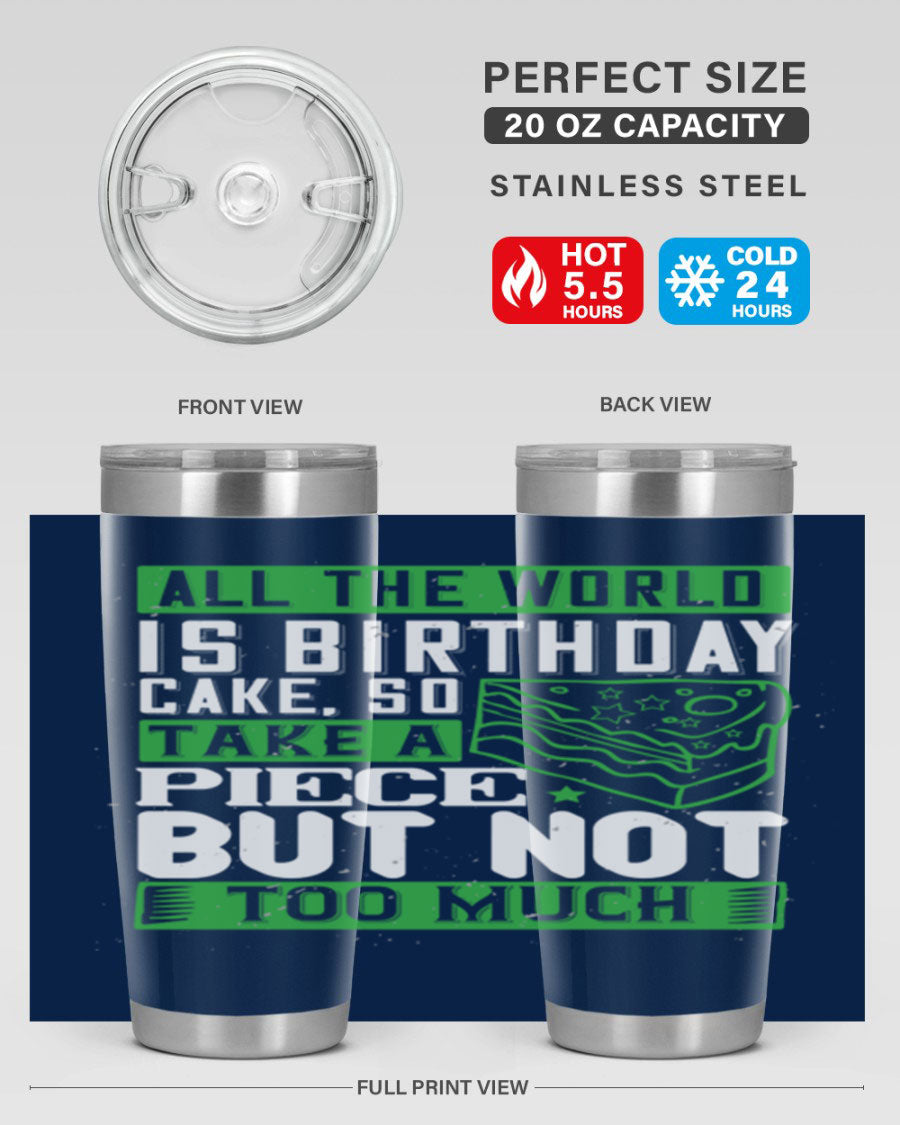 A stylish 20oz and 30oz stainless steel tumbler with a whimsical birthday cake design, showcasing its double wall vacuum insulation and drink-thru lid.