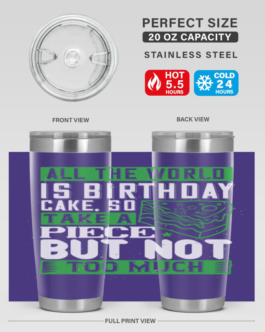 A stylish 20oz and 30oz stainless steel tumbler with a whimsical birthday cake design, showcasing its double wall vacuum insulation and drink-thru lid.