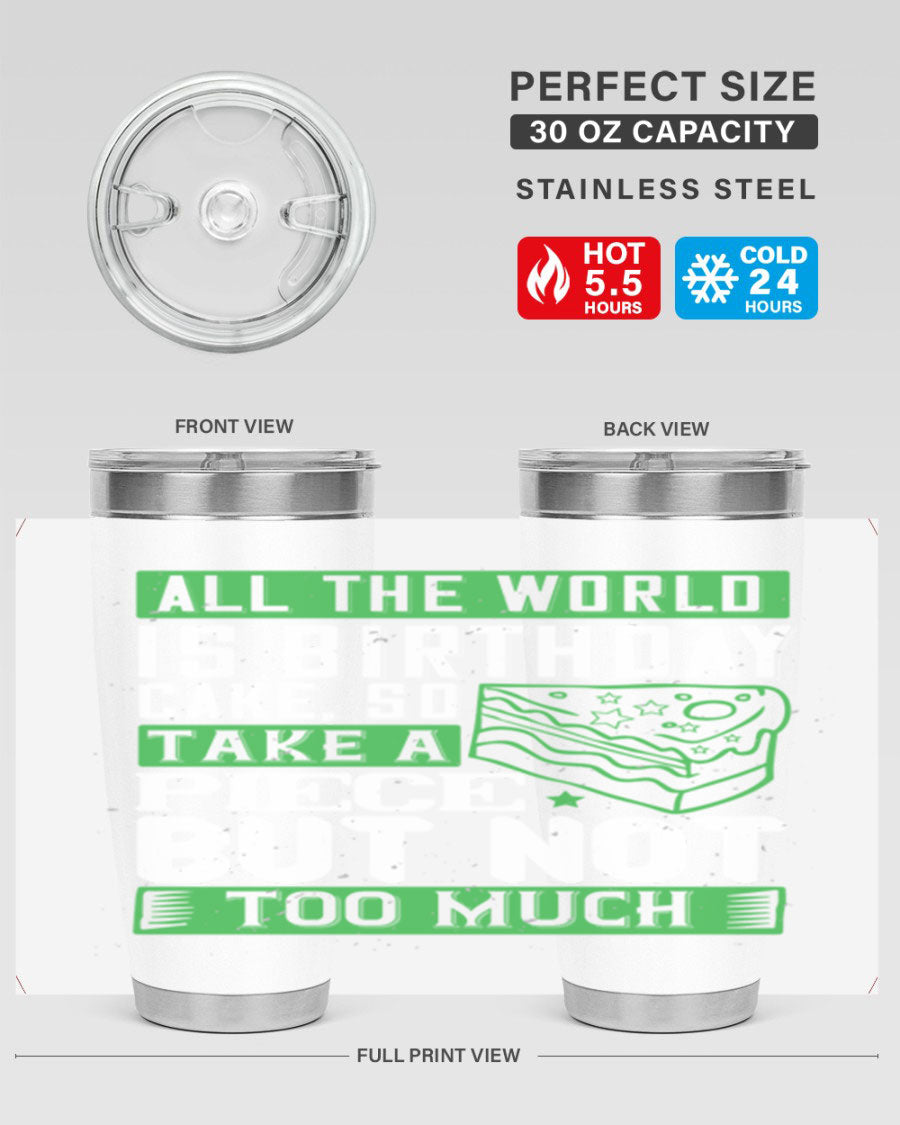 A stylish 20oz and 30oz stainless steel tumbler with a whimsical birthday cake design, showcasing its double wall vacuum insulation and drink-thru lid.