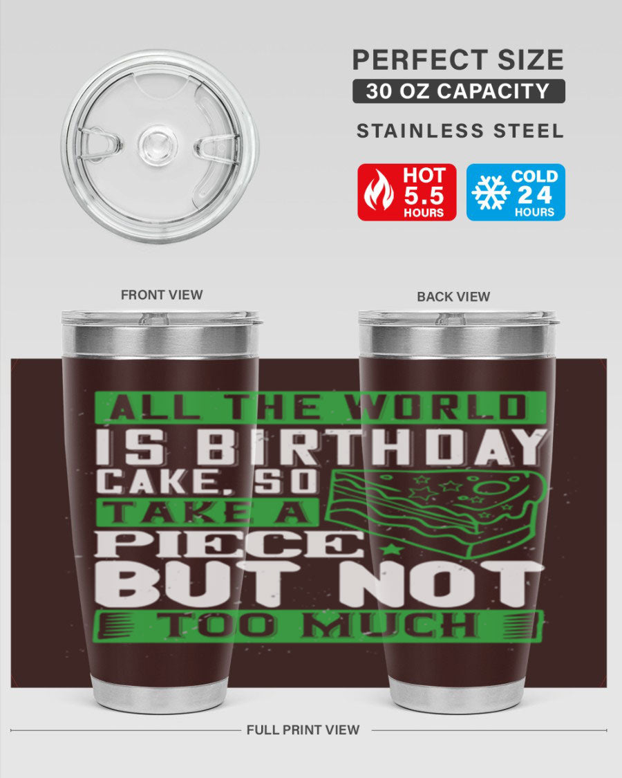 A stylish 20oz and 30oz stainless steel tumbler with a whimsical birthday cake design, showcasing its double wall vacuum insulation and drink-thru lid.