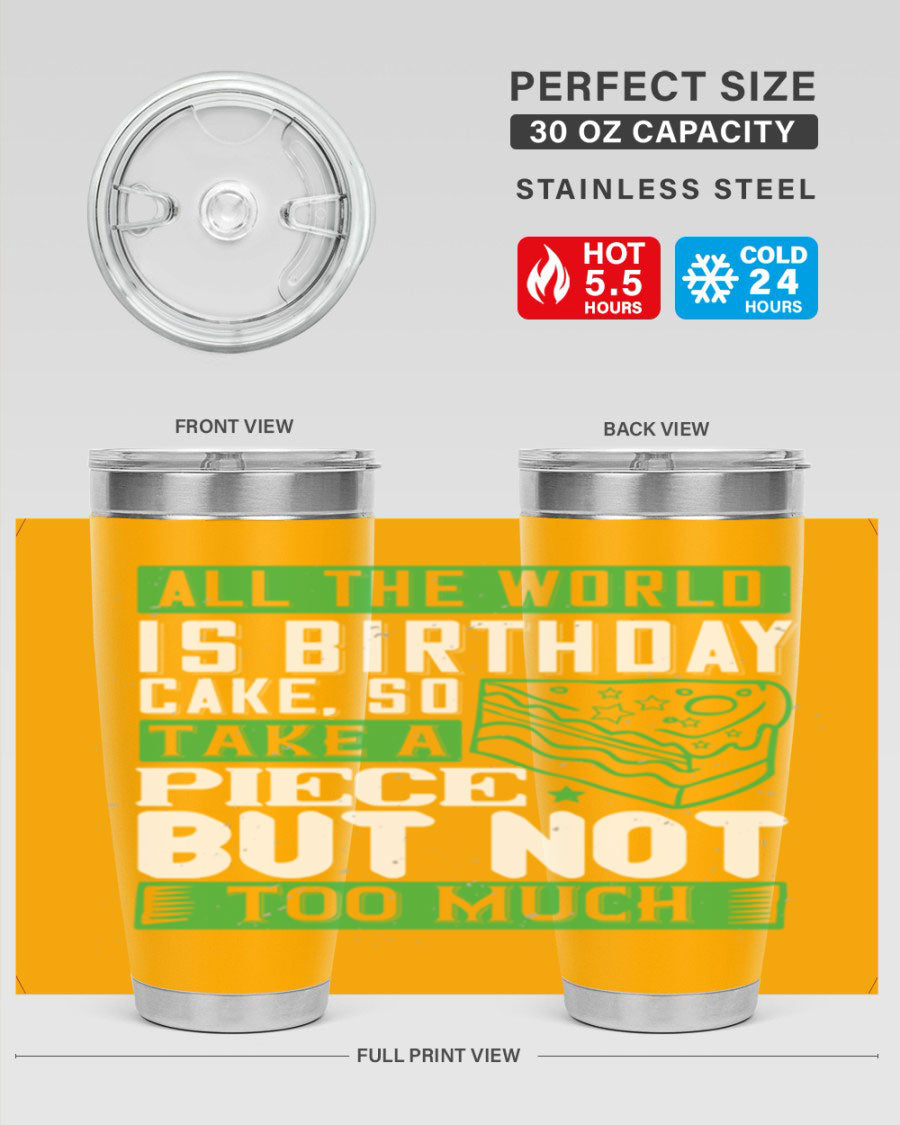 A stylish 20oz and 30oz stainless steel tumbler with a whimsical birthday cake design, showcasing its double wall vacuum insulation and drink-thru lid.