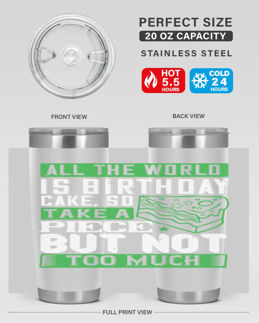 A stylish 20oz and 30oz stainless steel tumbler with a whimsical birthday cake design, showcasing its double wall vacuum insulation and drink-thru lid.