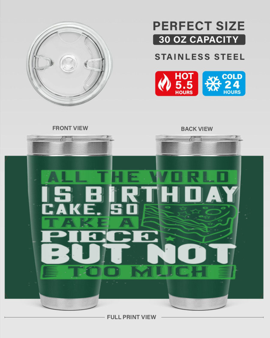 A stylish 20oz and 30oz stainless steel tumbler with a whimsical birthday cake design, showcasing its double wall vacuum insulation and drink-thru lid.