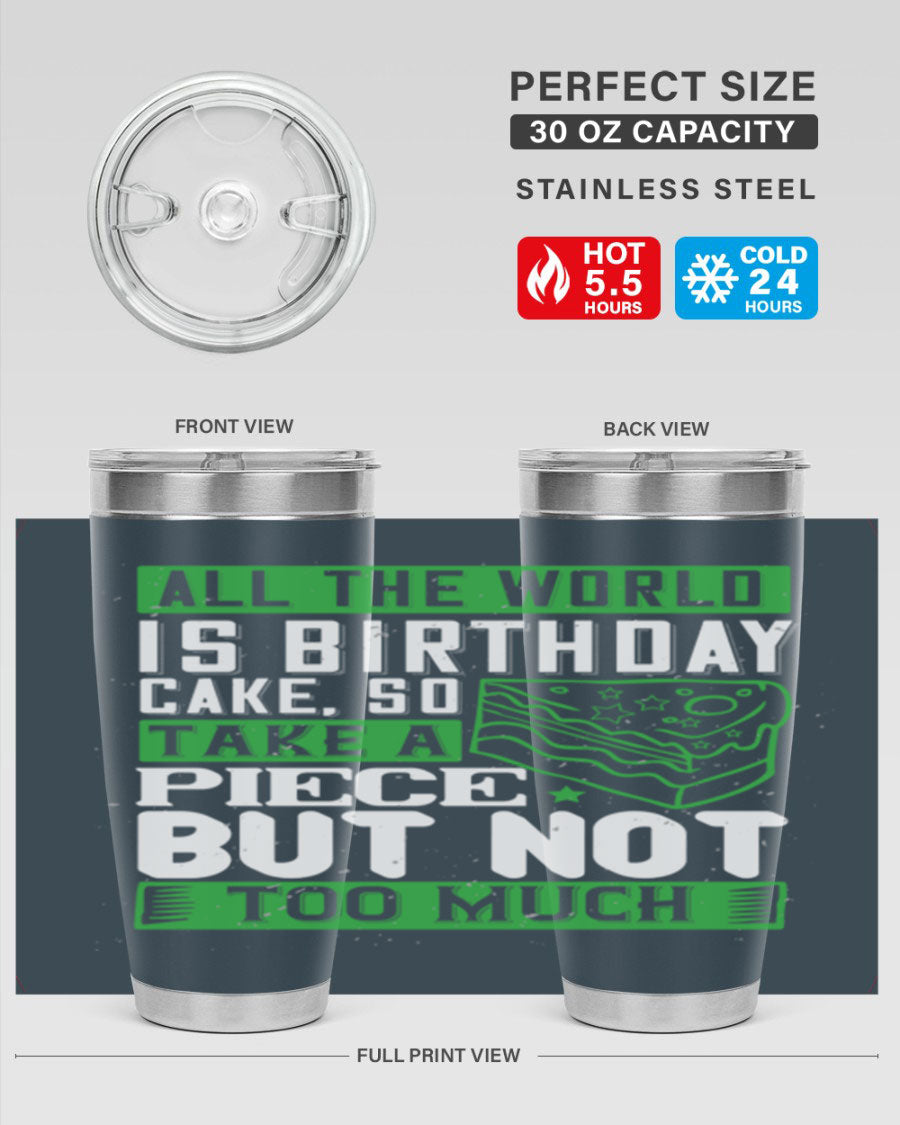 A stylish 20oz and 30oz stainless steel tumbler with a whimsical birthday cake design, showcasing its double wall vacuum insulation and drink-thru lid.