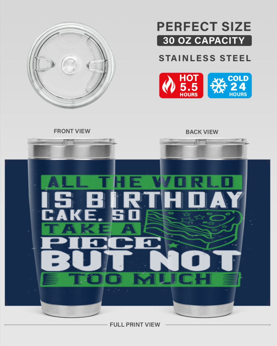 A stylish 20oz and 30oz stainless steel tumbler with a whimsical birthday cake design, showcasing its double wall vacuum insulation and drink-thru lid.