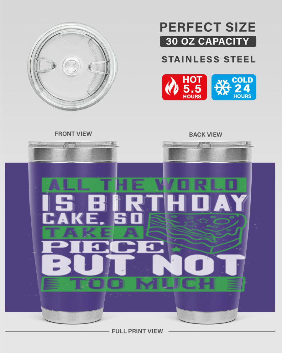 A stylish 20oz and 30oz stainless steel tumbler with a whimsical birthday cake design, showcasing its double wall vacuum insulation and drink-thru lid.