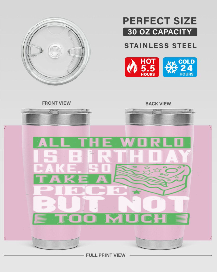 A stylish 20oz and 30oz stainless steel tumbler with a whimsical birthday cake design, showcasing its double wall vacuum insulation and drink-thru lid.