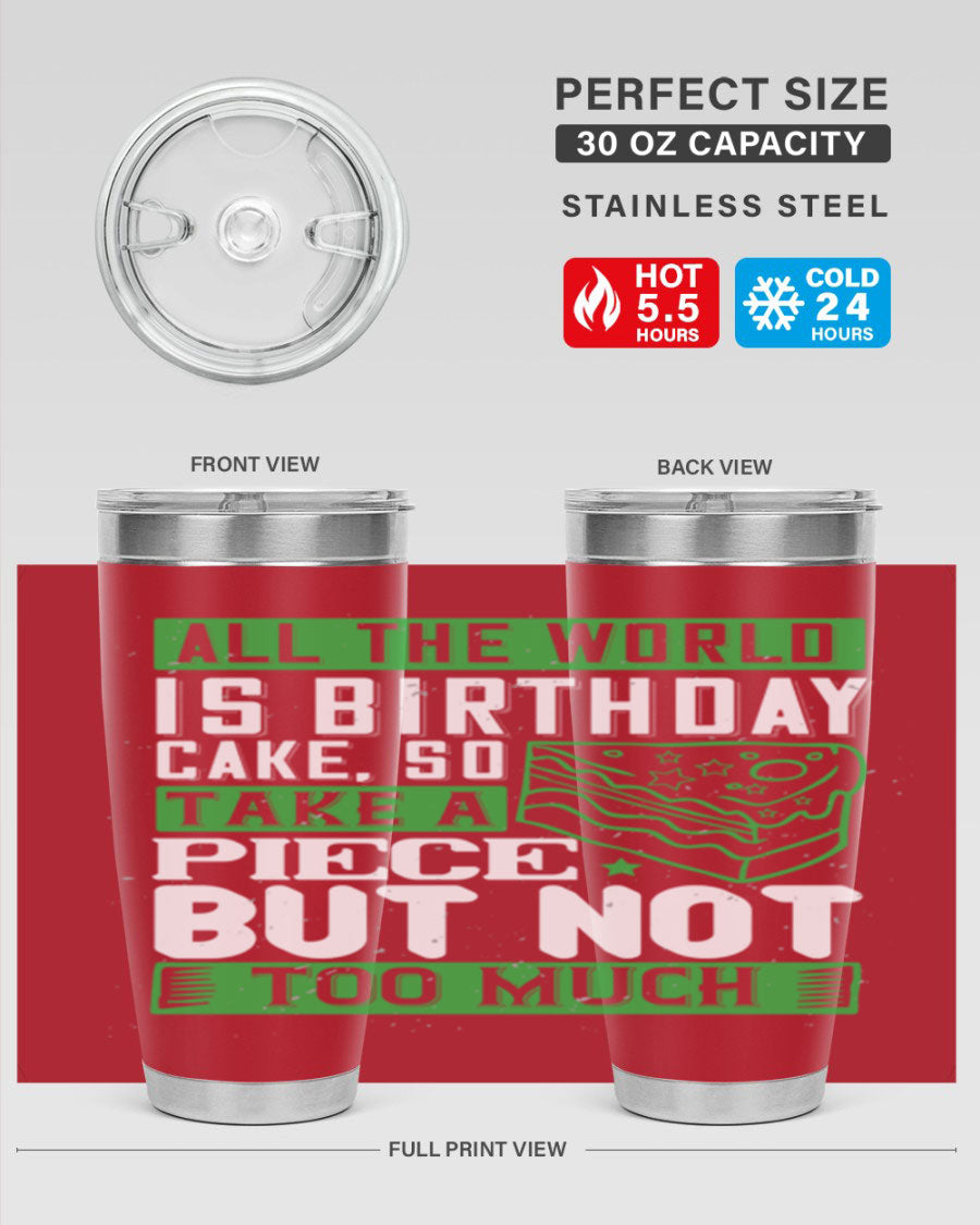 A stylish 20oz and 30oz stainless steel tumbler with a whimsical birthday cake design, showcasing its double wall vacuum insulation and drink-thru lid.