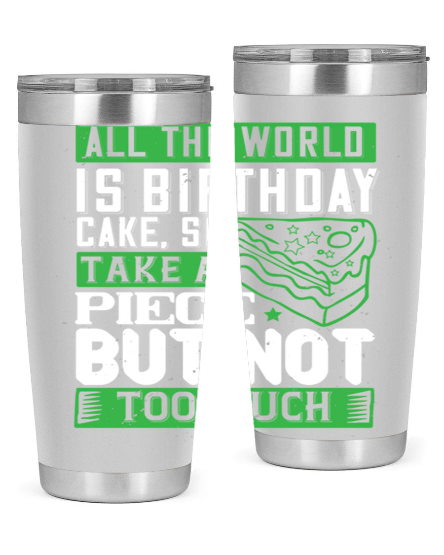 A stylish 20oz and 30oz stainless steel tumbler with a whimsical birthday cake design, showcasing its double wall vacuum insulation and drink-thru lid.
