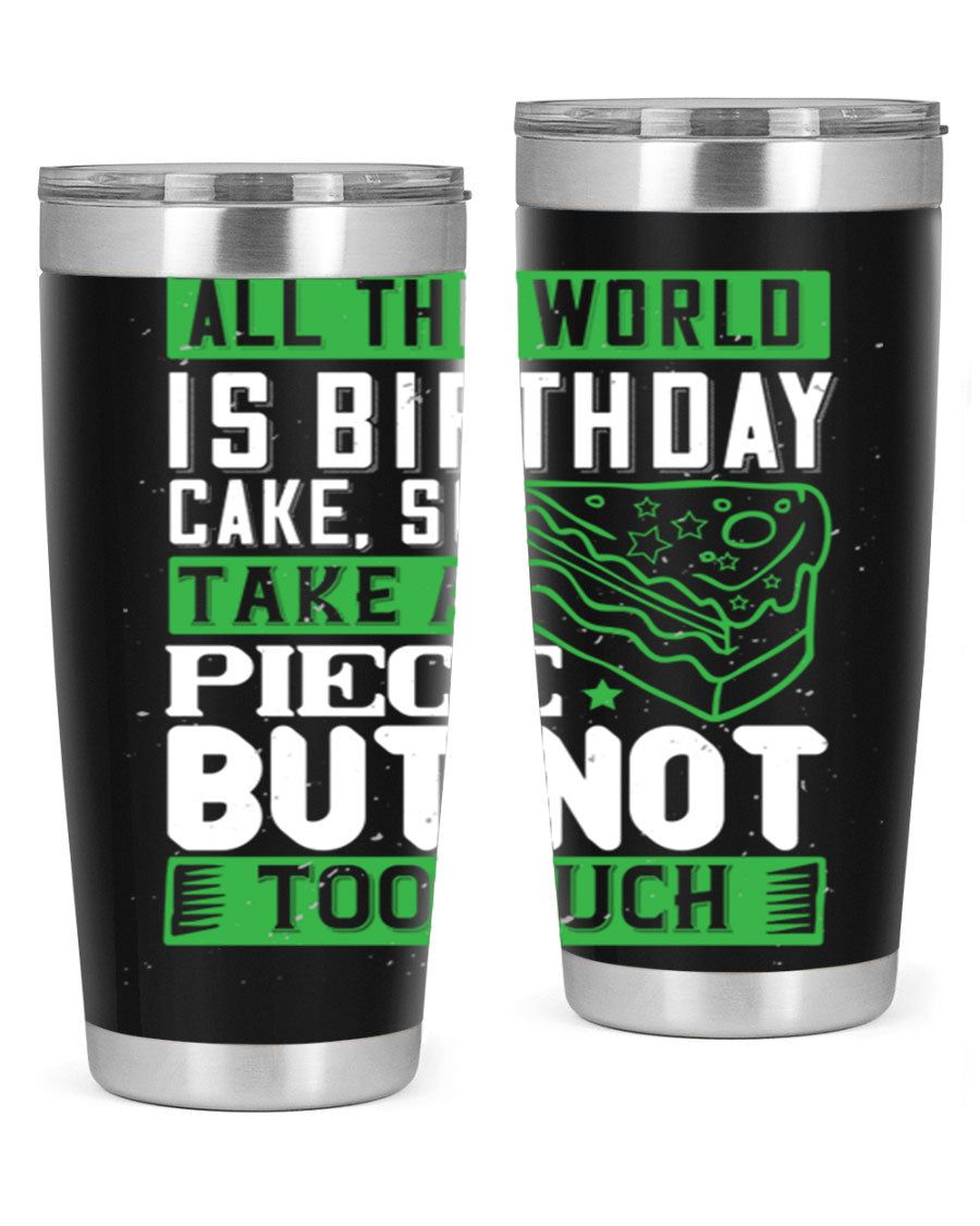 A stylish 20oz and 30oz stainless steel tumbler with a whimsical birthday cake design, showcasing its double wall vacuum insulation and drink-thru lid.