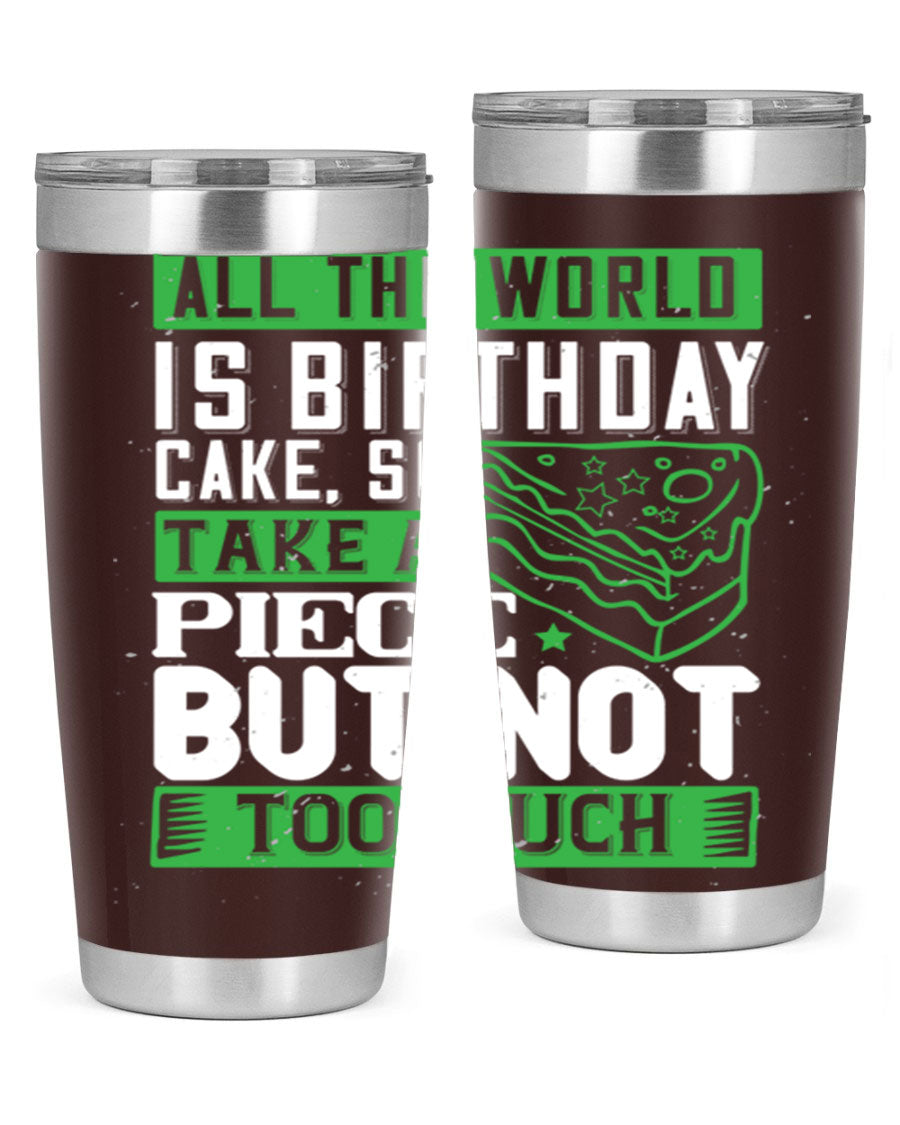 A stylish 20oz and 30oz stainless steel tumbler with a whimsical birthday cake design, showcasing its double wall vacuum insulation and drink-thru lid.