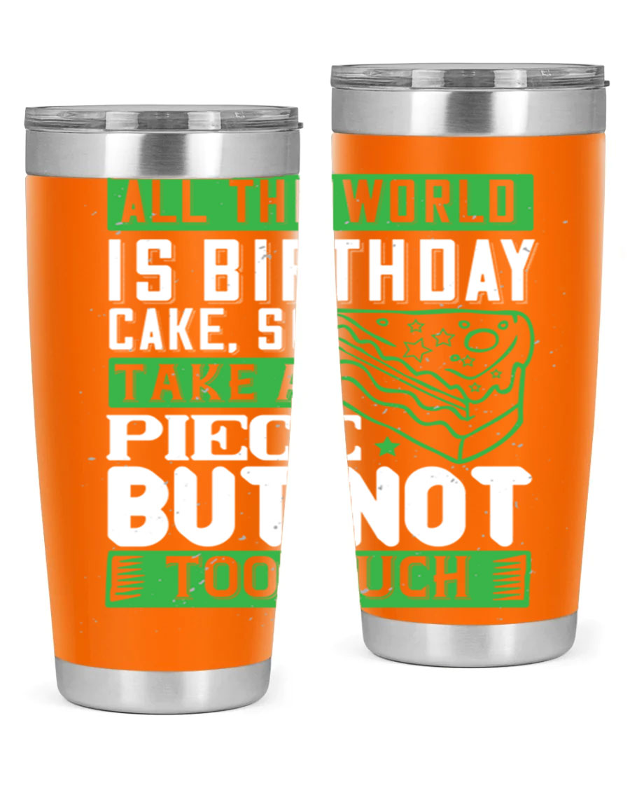 A stylish 20oz and 30oz stainless steel tumbler with a whimsical birthday cake design, showcasing its double wall vacuum insulation and drink-thru lid.