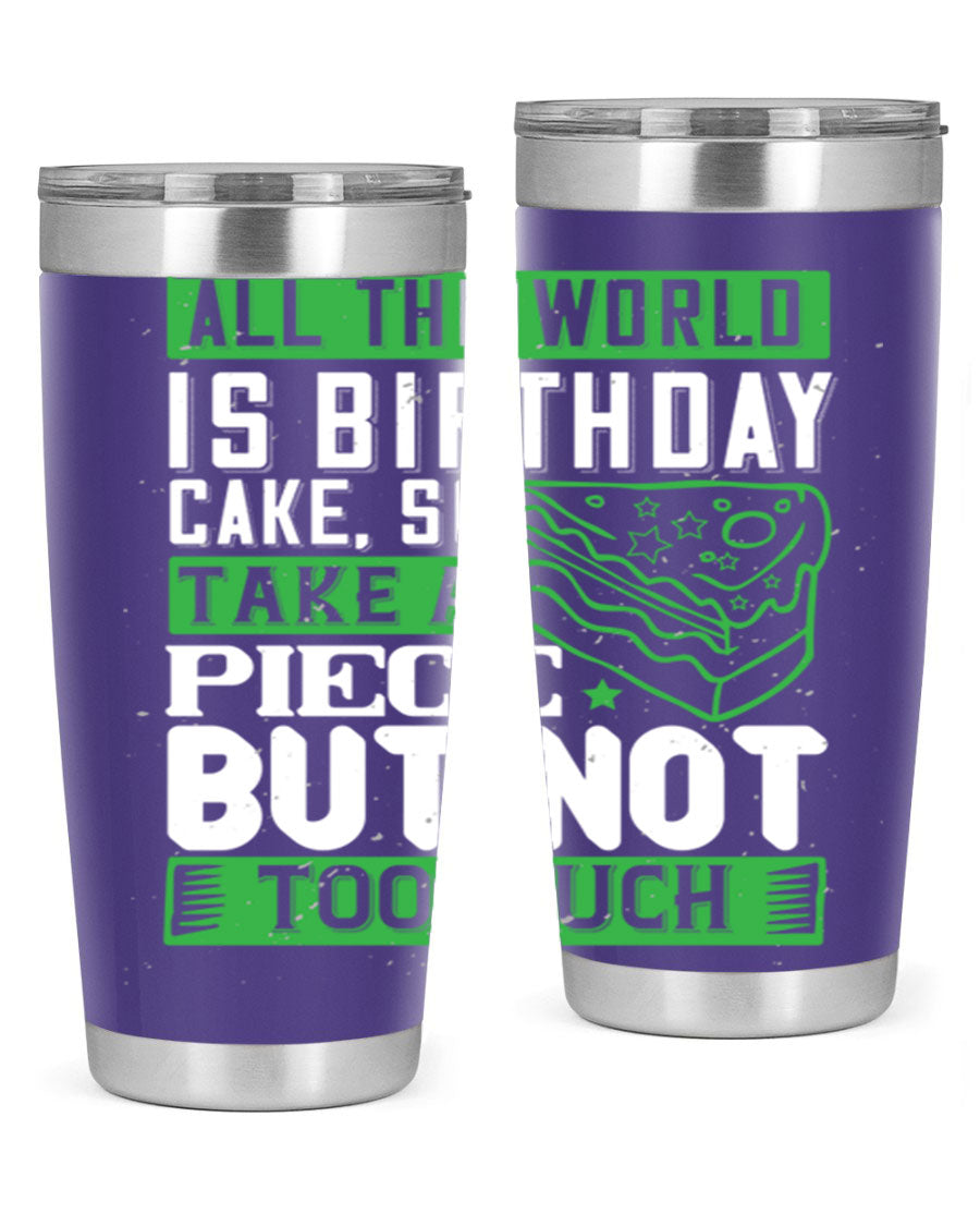 A stylish 20oz and 30oz stainless steel tumbler with a whimsical birthday cake design, showcasing its double wall vacuum insulation and drink-thru lid.