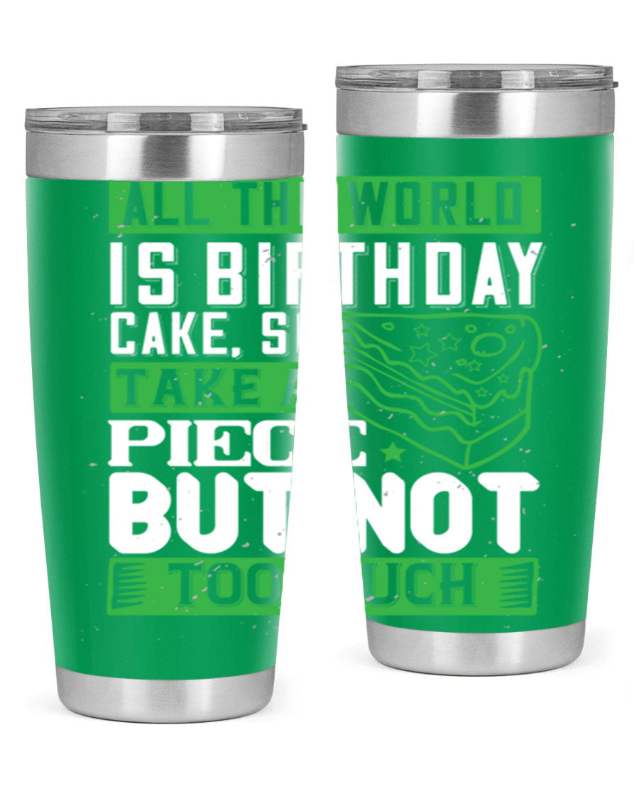 A stylish 20oz and 30oz stainless steel tumbler with a whimsical birthday cake design, showcasing its double wall vacuum insulation and drink-thru lid.