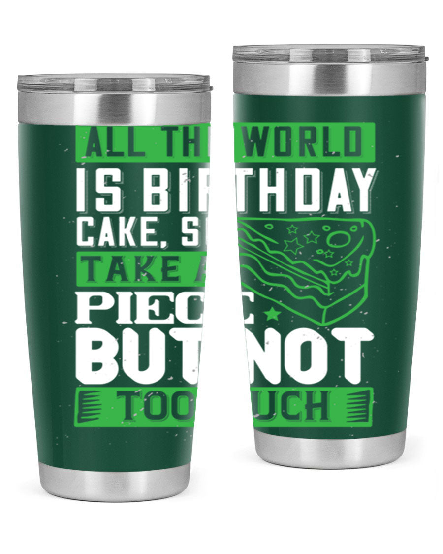 A stylish 20oz and 30oz stainless steel tumbler with a whimsical birthday cake design, showcasing its double wall vacuum insulation and drink-thru lid.