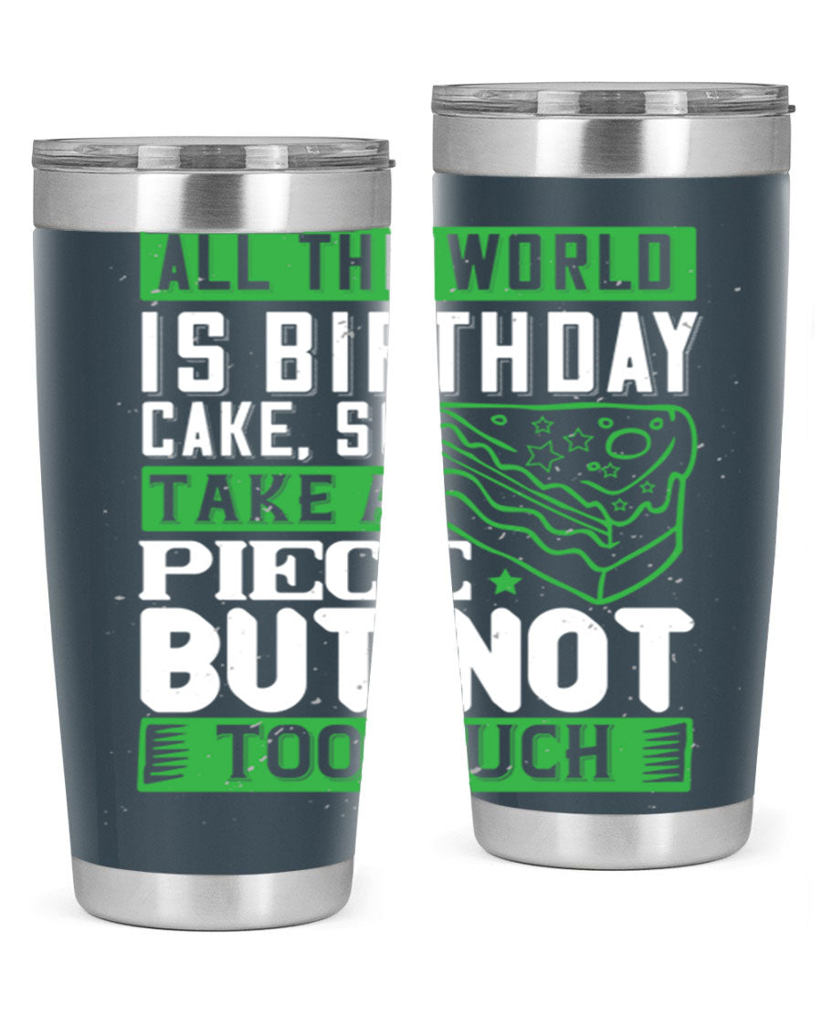 A stylish 20oz and 30oz stainless steel tumbler with a whimsical birthday cake design, showcasing its double wall vacuum insulation and drink-thru lid.