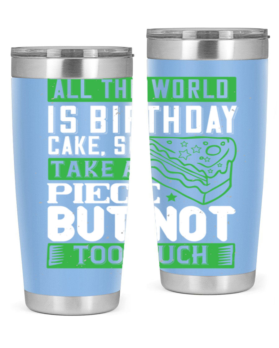 A stylish 20oz and 30oz stainless steel tumbler with a whimsical birthday cake design, showcasing its double wall vacuum insulation and drink-thru lid.