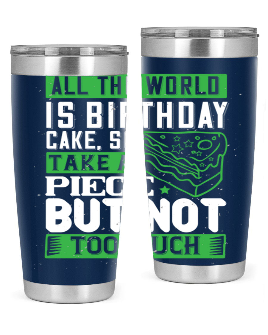 A stylish 20oz and 30oz stainless steel tumbler with a whimsical birthday cake design, showcasing its double wall vacuum insulation and drink-thru lid.