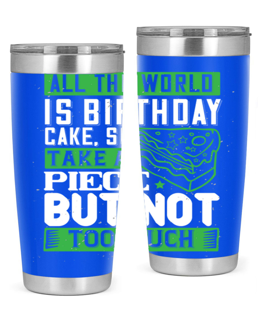 A stylish 20oz and 30oz stainless steel tumbler with a whimsical birthday cake design, showcasing its double wall vacuum insulation and drink-thru lid.