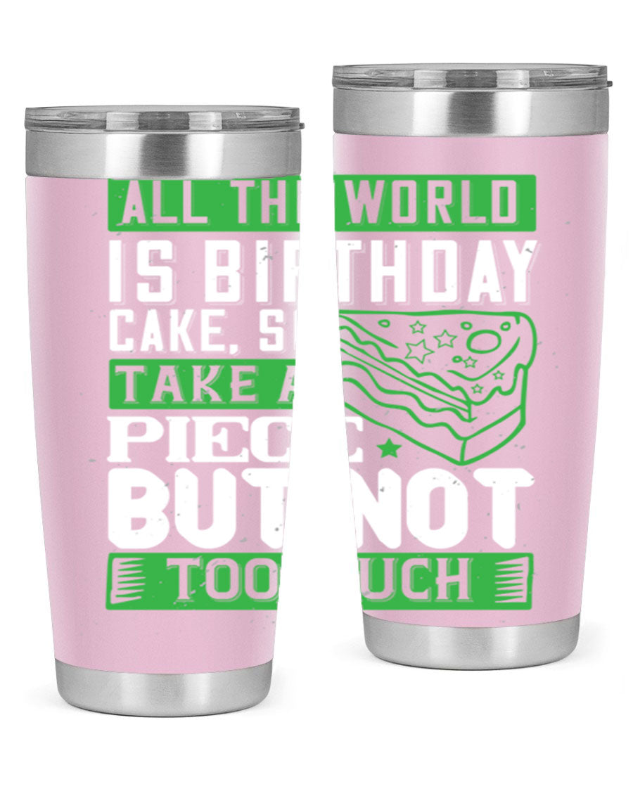 A stylish 20oz and 30oz stainless steel tumbler with a whimsical birthday cake design, showcasing its double wall vacuum insulation and drink-thru lid.
