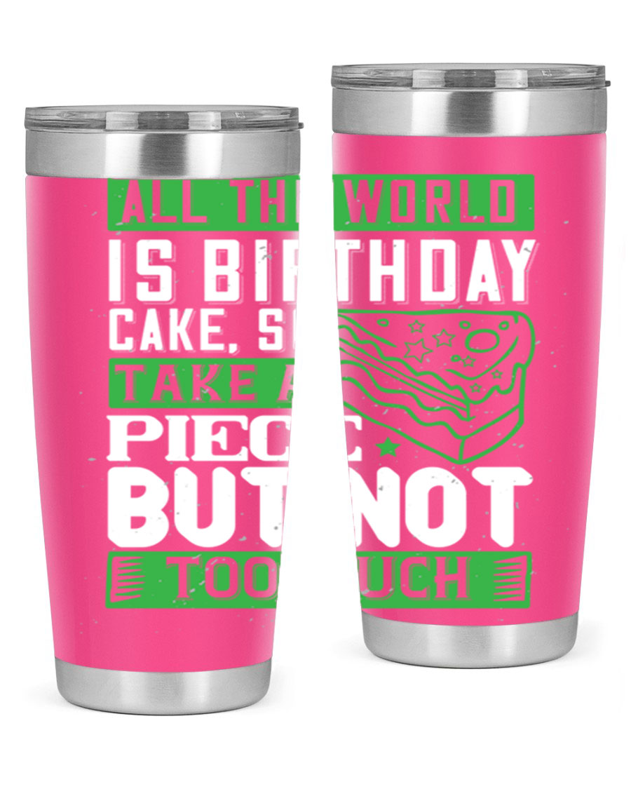 A stylish 20oz and 30oz stainless steel tumbler with a whimsical birthday cake design, showcasing its double wall vacuum insulation and drink-thru lid.
