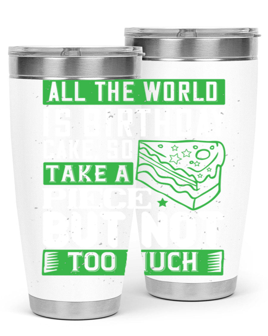 A stylish 20oz and 30oz stainless steel tumbler with a whimsical birthday cake design, showcasing its double wall vacuum insulation and drink-thru lid.