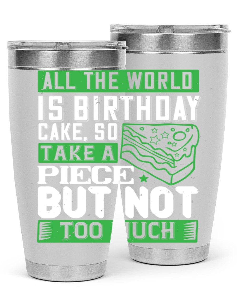 A stylish 20oz and 30oz stainless steel tumbler with a whimsical birthday cake design, showcasing its double wall vacuum insulation and drink-thru lid.