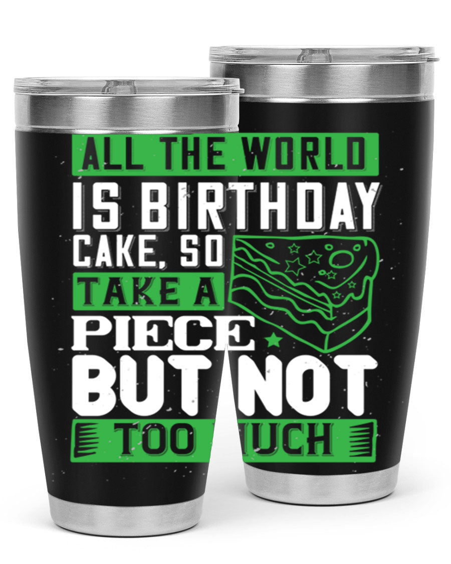 A stylish 20oz and 30oz stainless steel tumbler with a whimsical birthday cake design, showcasing its double wall vacuum insulation and drink-thru lid.