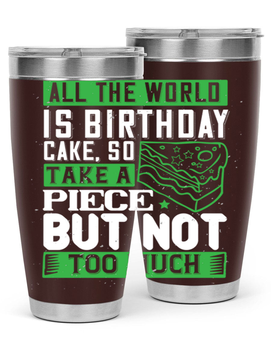 A stylish 20oz and 30oz stainless steel tumbler with a whimsical birthday cake design, showcasing its double wall vacuum insulation and drink-thru lid.