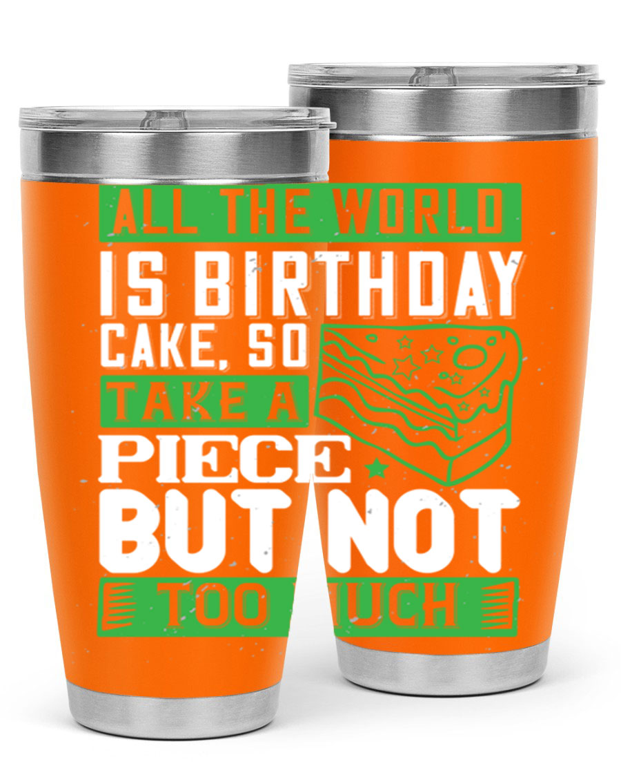 A stylish 20oz and 30oz stainless steel tumbler with a whimsical birthday cake design, showcasing its double wall vacuum insulation and drink-thru lid.