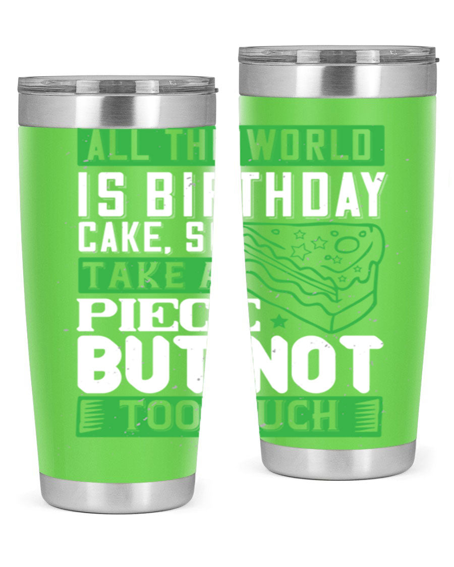 A stylish 20oz and 30oz stainless steel tumbler with a whimsical birthday cake design, showcasing its double wall vacuum insulation and drink-thru lid.