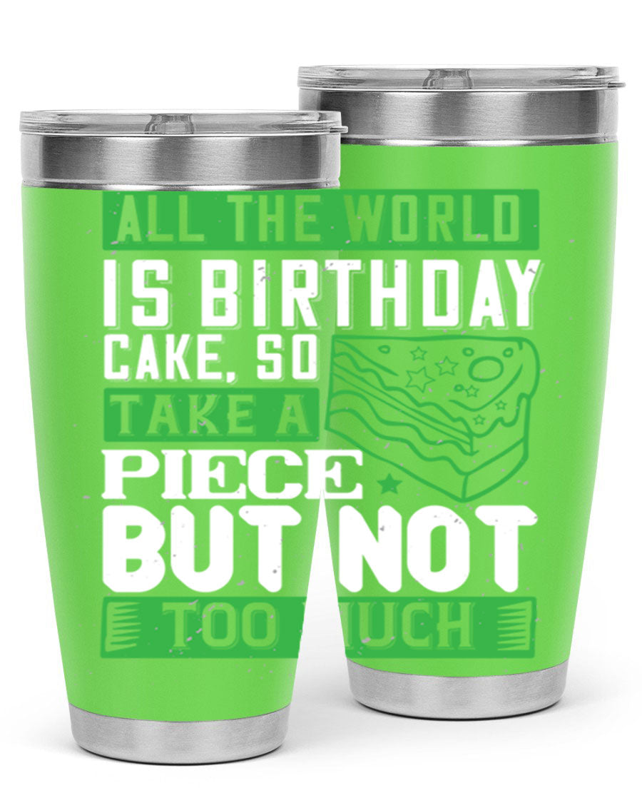 A stylish 20oz and 30oz stainless steel tumbler with a whimsical birthday cake design, showcasing its double wall vacuum insulation and drink-thru lid.