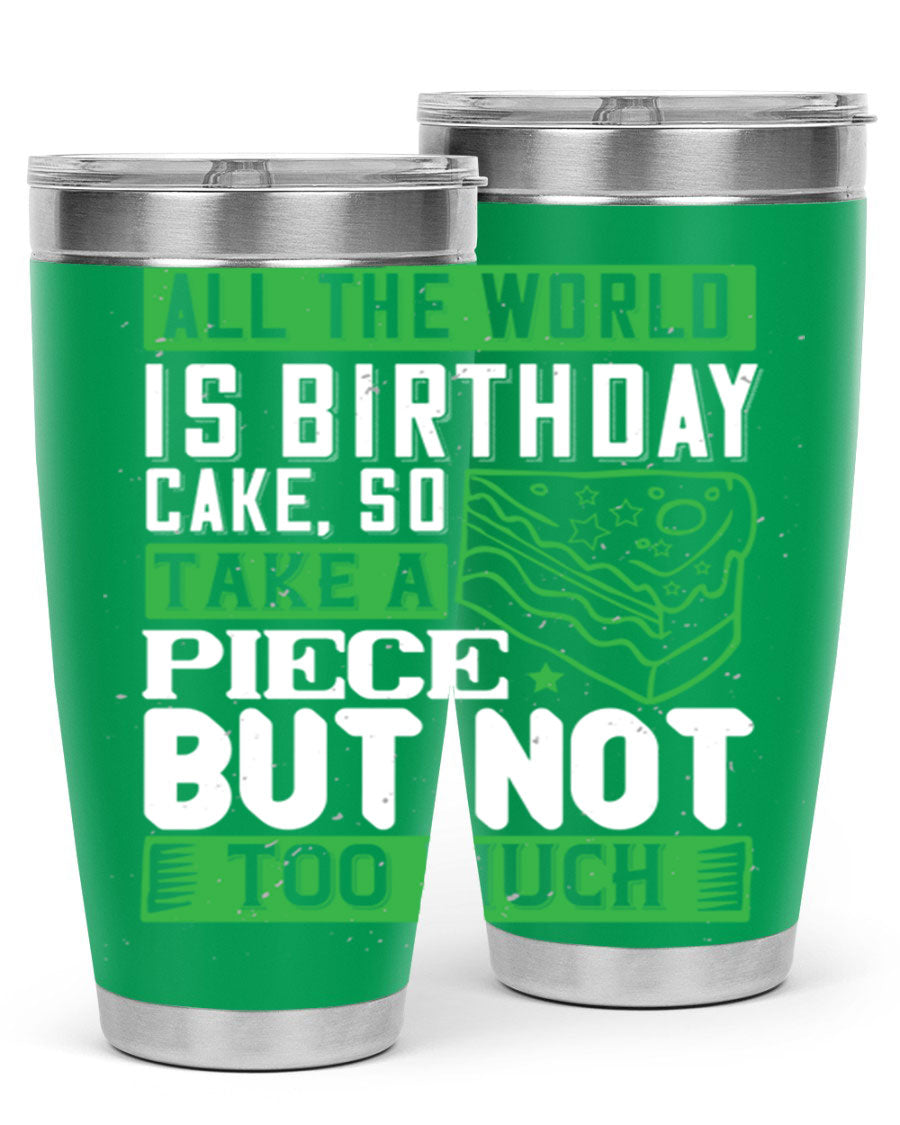 A stylish 20oz and 30oz stainless steel tumbler with a whimsical birthday cake design, showcasing its double wall vacuum insulation and drink-thru lid.
