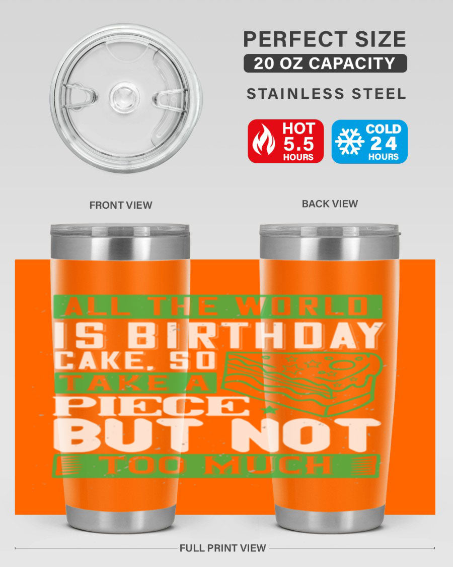 A stylish 20oz and 30oz stainless steel tumbler with a whimsical birthday cake design, showcasing its double wall vacuum insulation and drink-thru lid.