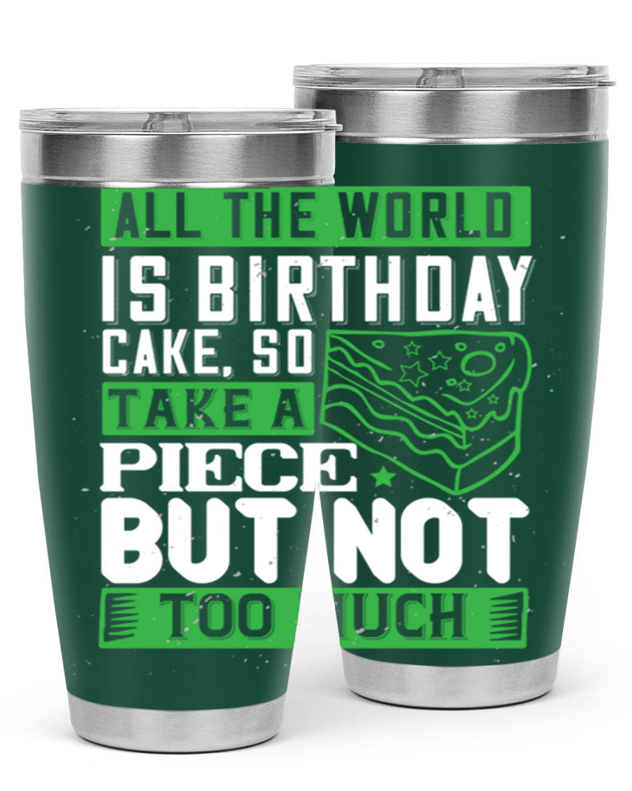 A stylish 20oz and 30oz stainless steel tumbler with a whimsical birthday cake design, showcasing its double wall vacuum insulation and drink-thru lid.