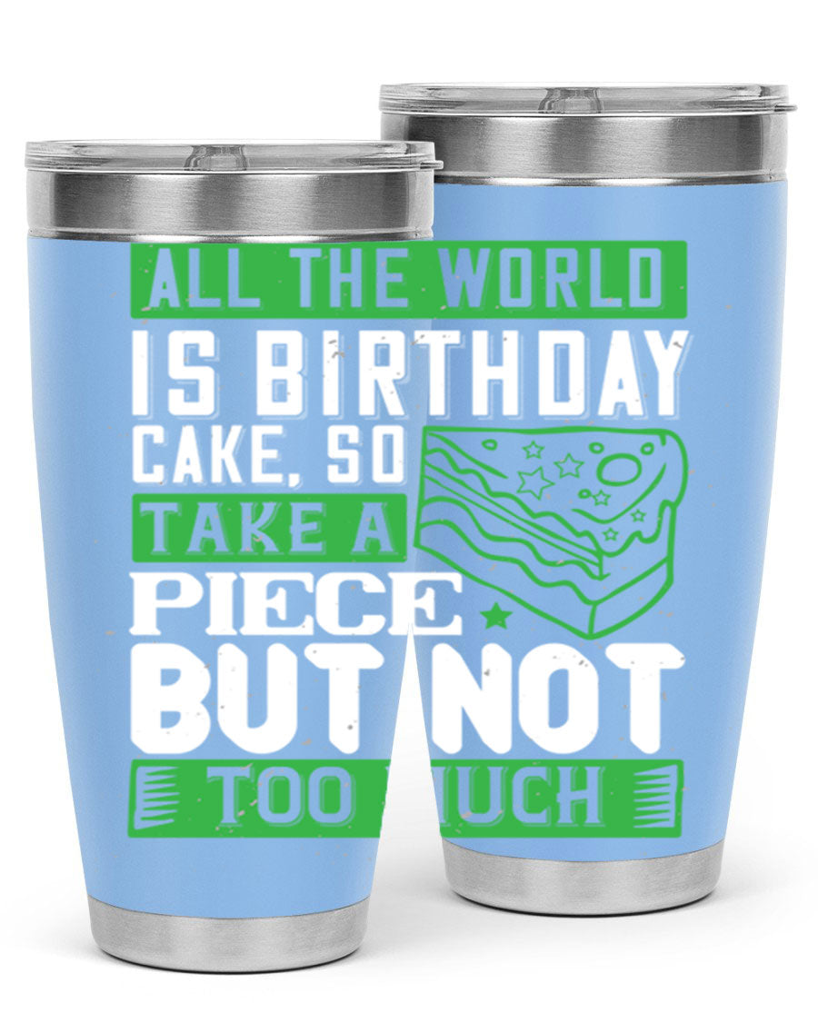 A stylish 20oz and 30oz stainless steel tumbler with a whimsical birthday cake design, showcasing its double wall vacuum insulation and drink-thru lid.