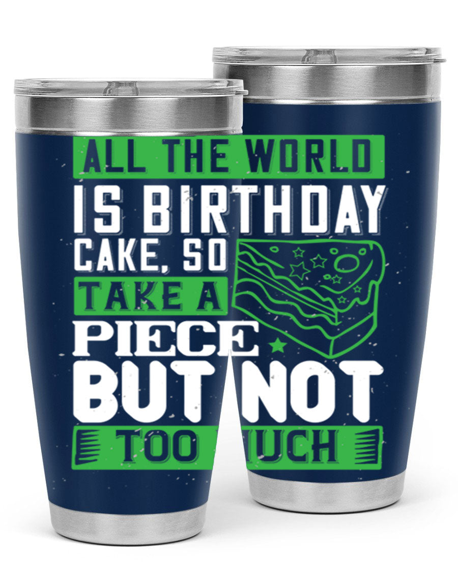 A stylish 20oz and 30oz stainless steel tumbler with a whimsical birthday cake design, showcasing its double wall vacuum insulation and drink-thru lid.