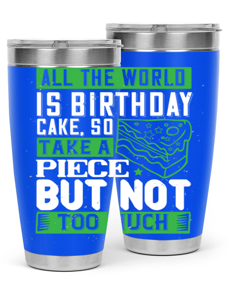 A stylish 20oz and 30oz stainless steel tumbler with a whimsical birthday cake design, showcasing its double wall vacuum insulation and drink-thru lid.