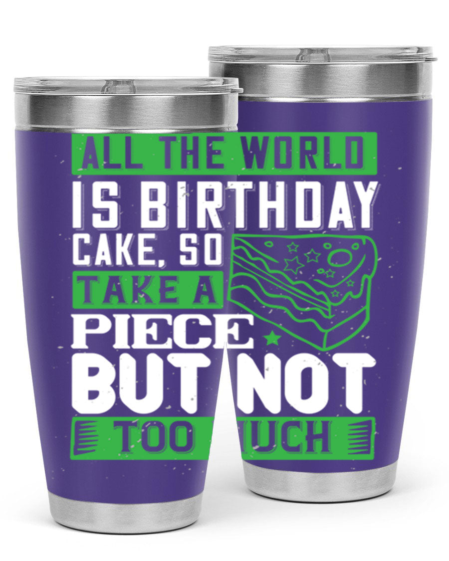 A stylish 20oz and 30oz stainless steel tumbler with a whimsical birthday cake design, showcasing its double wall vacuum insulation and drink-thru lid.